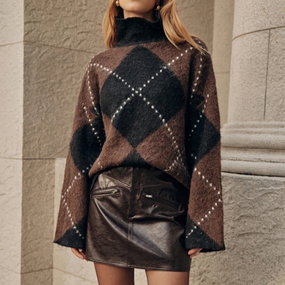 Commense Brown and Black Argyle Turtleneck Sweater